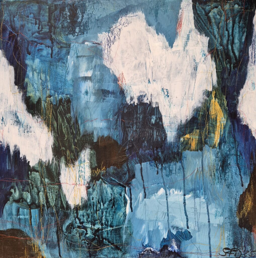 Acrylbild primär in Blau mit weißen und braunen Farbanteilen. Darstellung eines abstrakten Bildes (abstract art) von SilkeFaberArt.