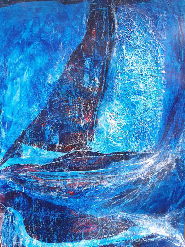 Acrylbild in blau, ein Segelboot von SilkeFaberArt.