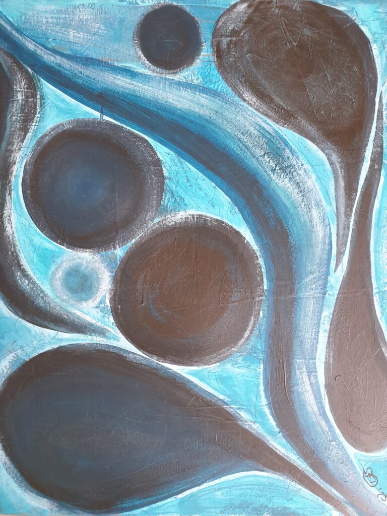 Abstraktes Acrylbild in blau, Name: "Floating in the Deep" von SilkeFaberArt.