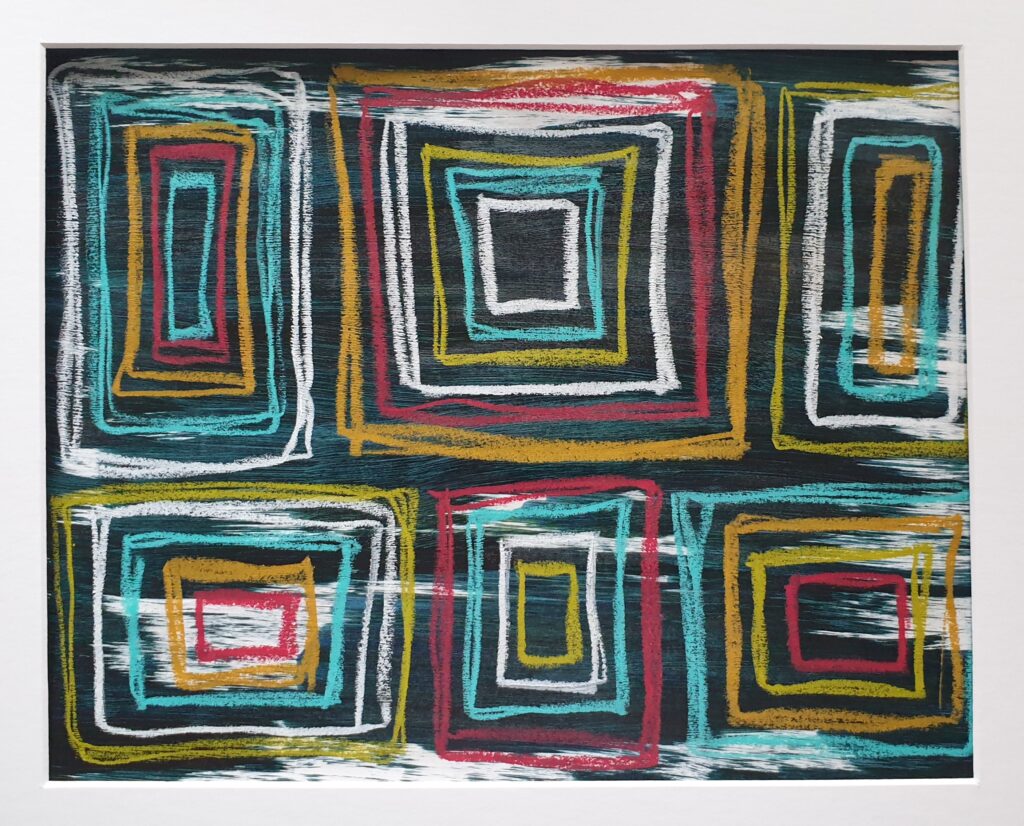 Mixedmedia Bild in Grüntönen mit Ölpastellen, Quadrate von SilkeFaberArt.